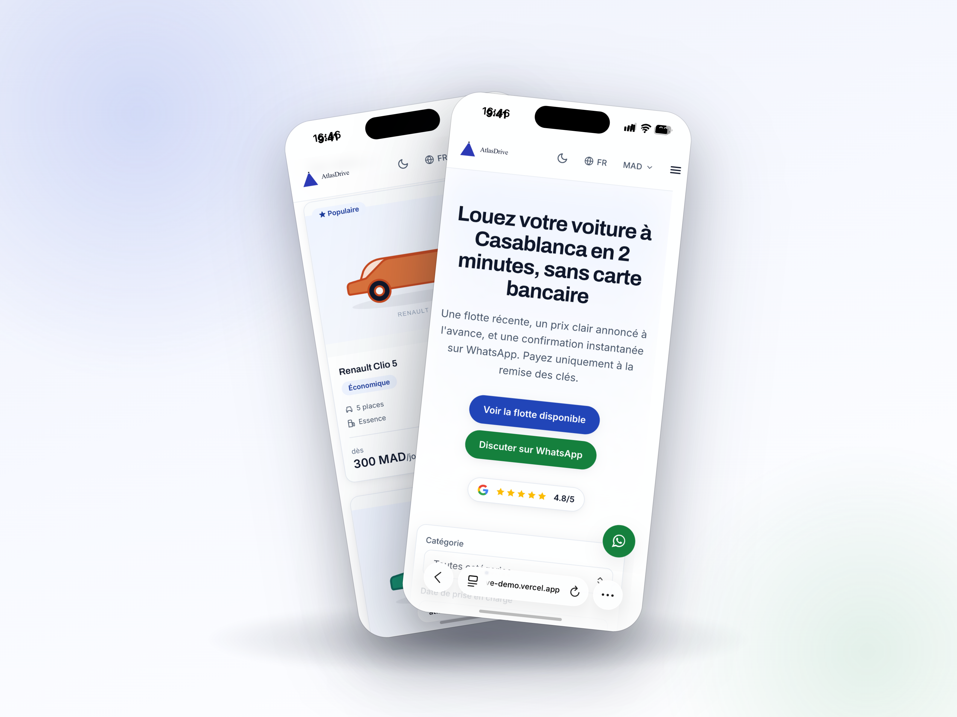 AtlasDrive mobile landing page — 'Rent your car in Casablanca in 2 minutes, no credit card' with WhatsApp CTA and Google rating