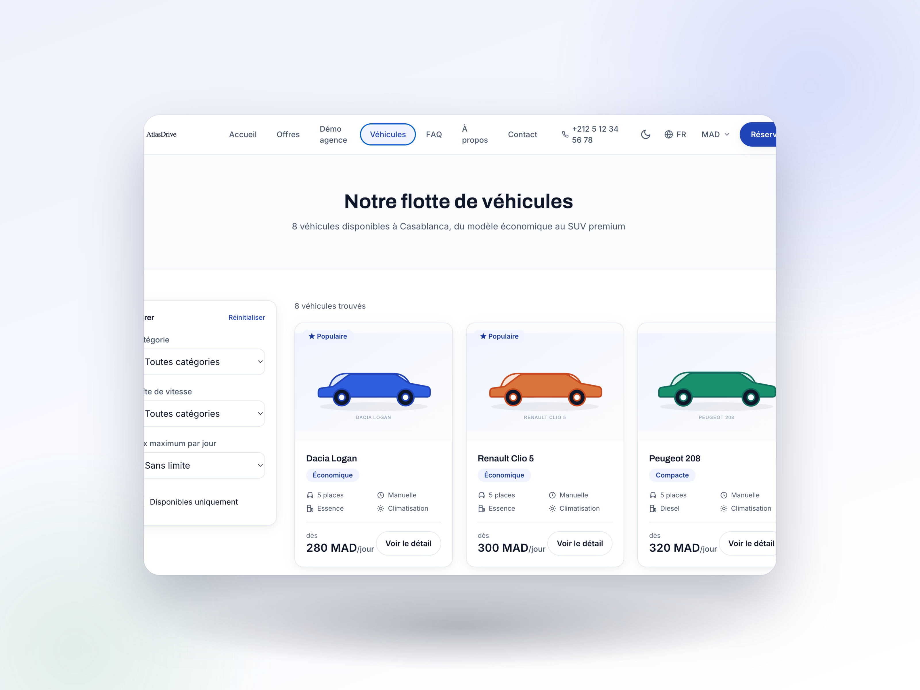 AtlasDrive fleet page with category, transmission, and max-price filters — 8 vehicles listed