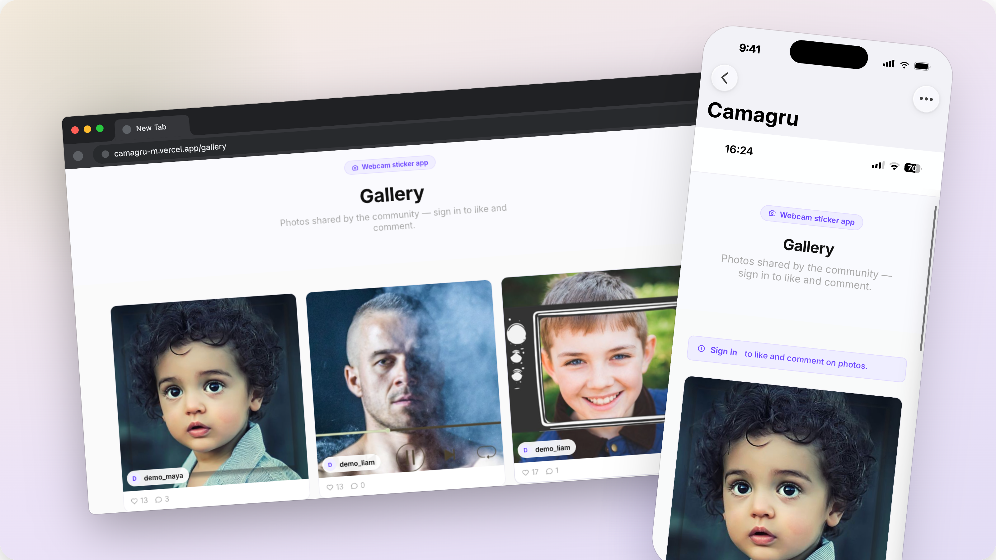 Camagru’s public gallery on desktop and mobile, with per-photo likes and comments