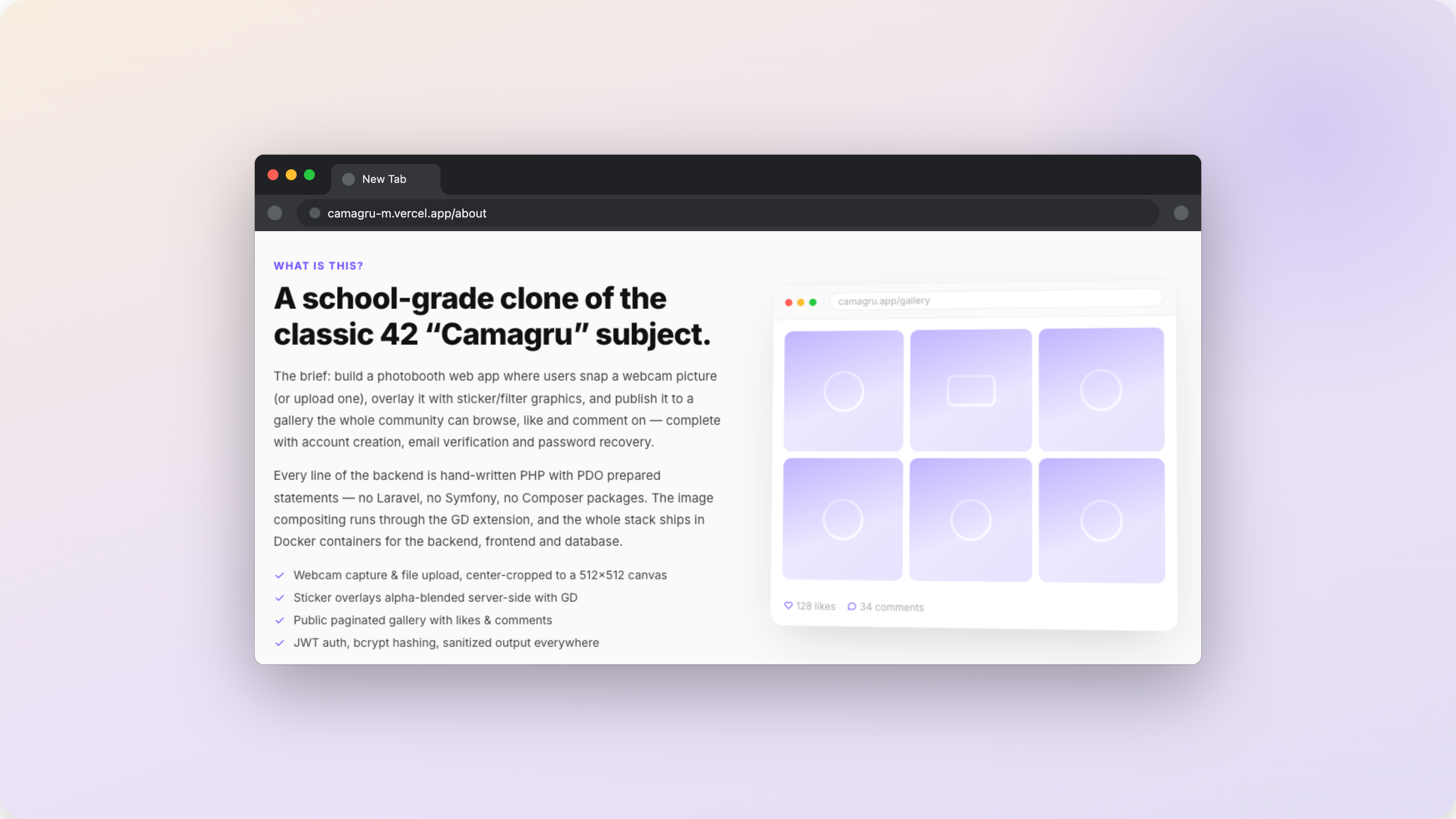 Camagru "About" page detailing the hand-rolled PHP stack: PDO, GD compositing, JWT auth, Docker