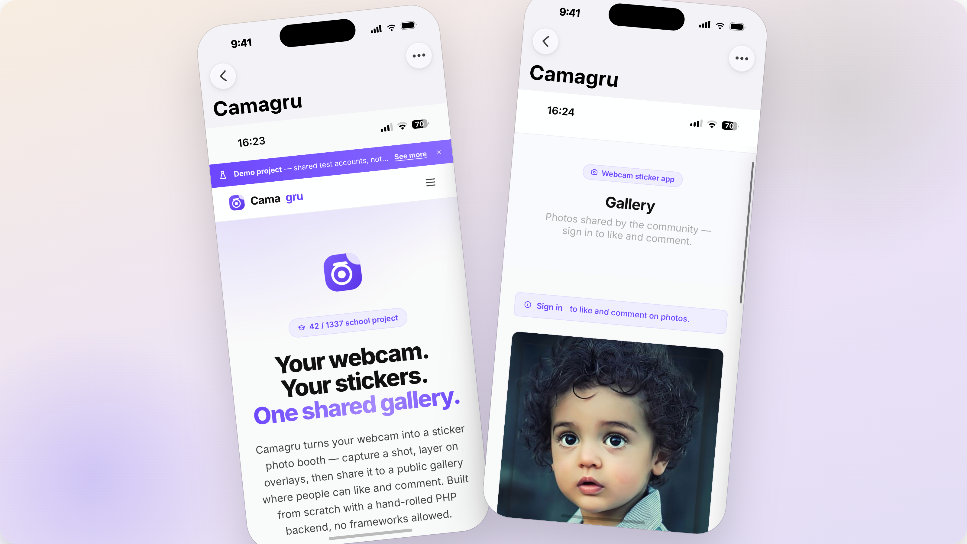 Camagru’s mobile landing and gallery views side by side