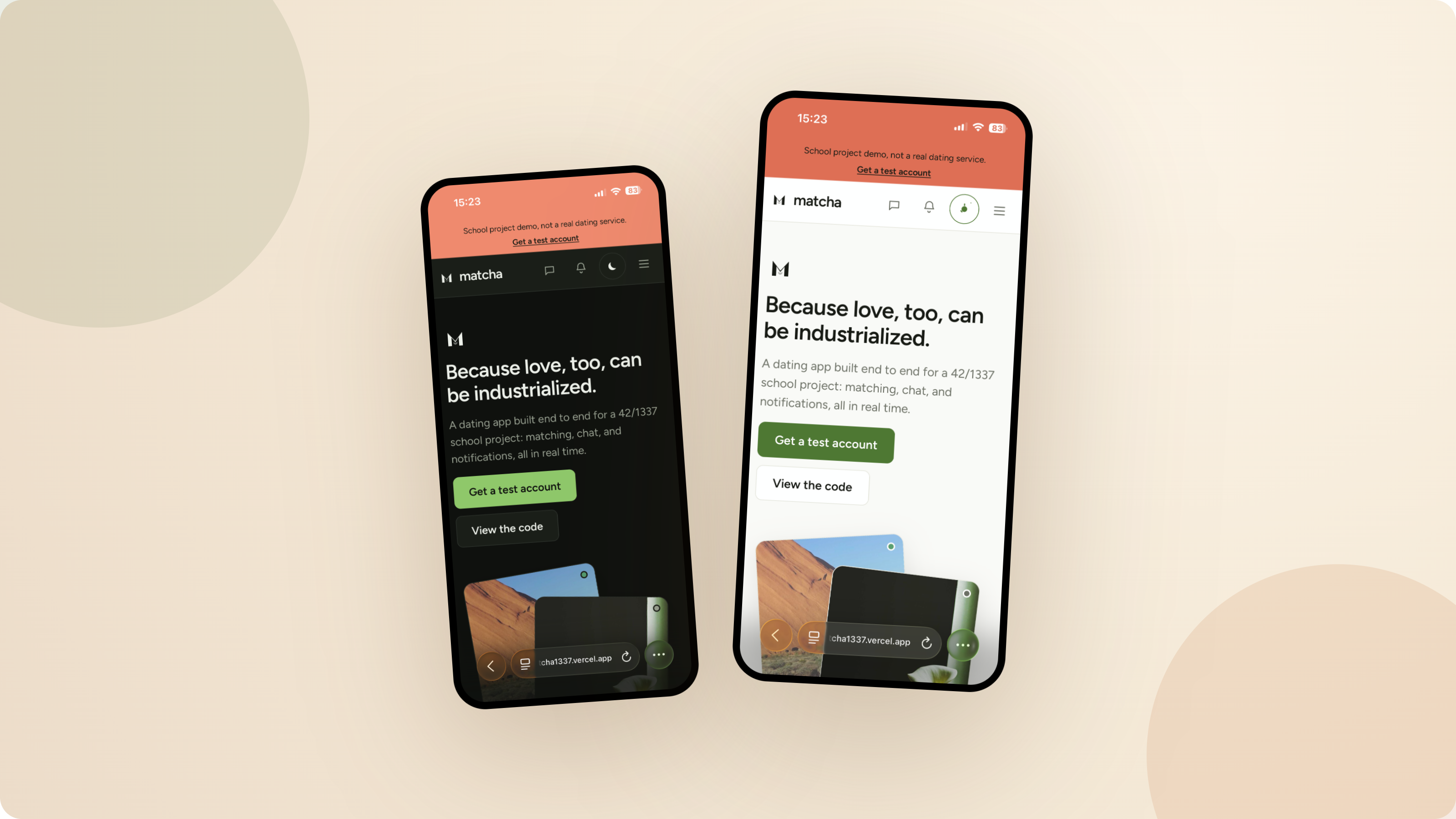 Matcha browse page with sort, age, fame rating, location and tag filters, on desktop and mobile