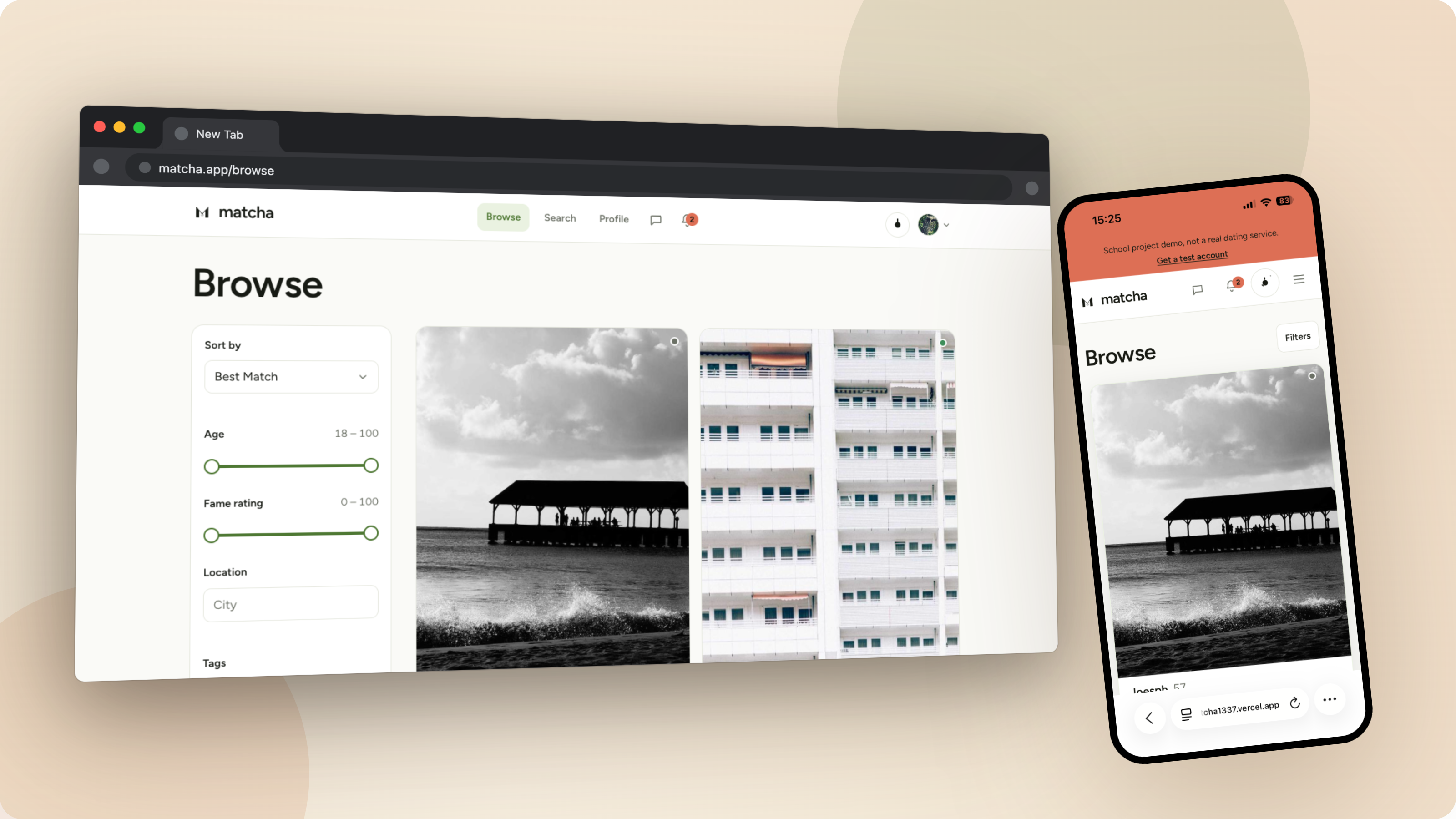 Matcha's mobile landing page in light and dark mode side by side