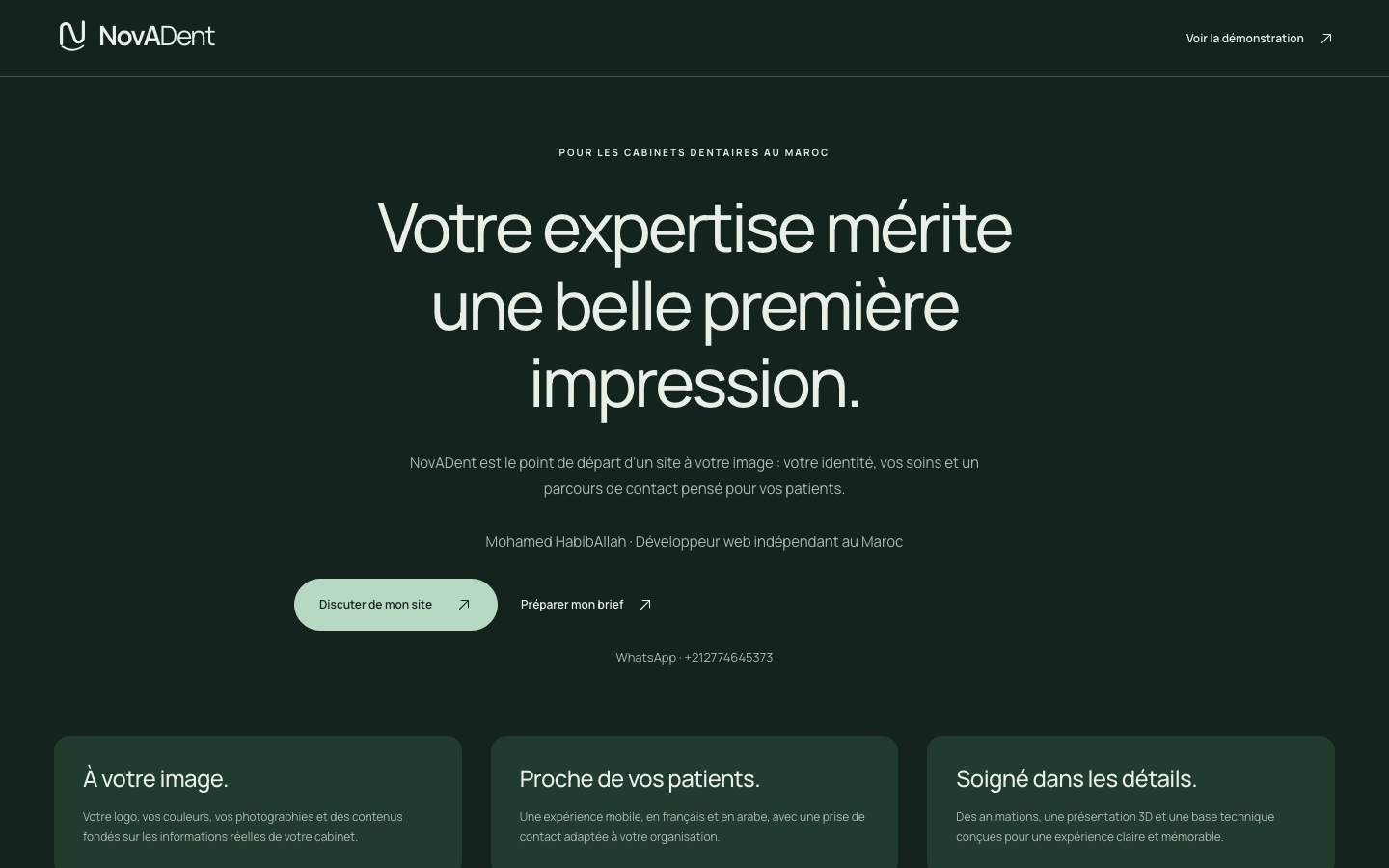 NovADent page offering the customizable dental website concept to Moroccan practices